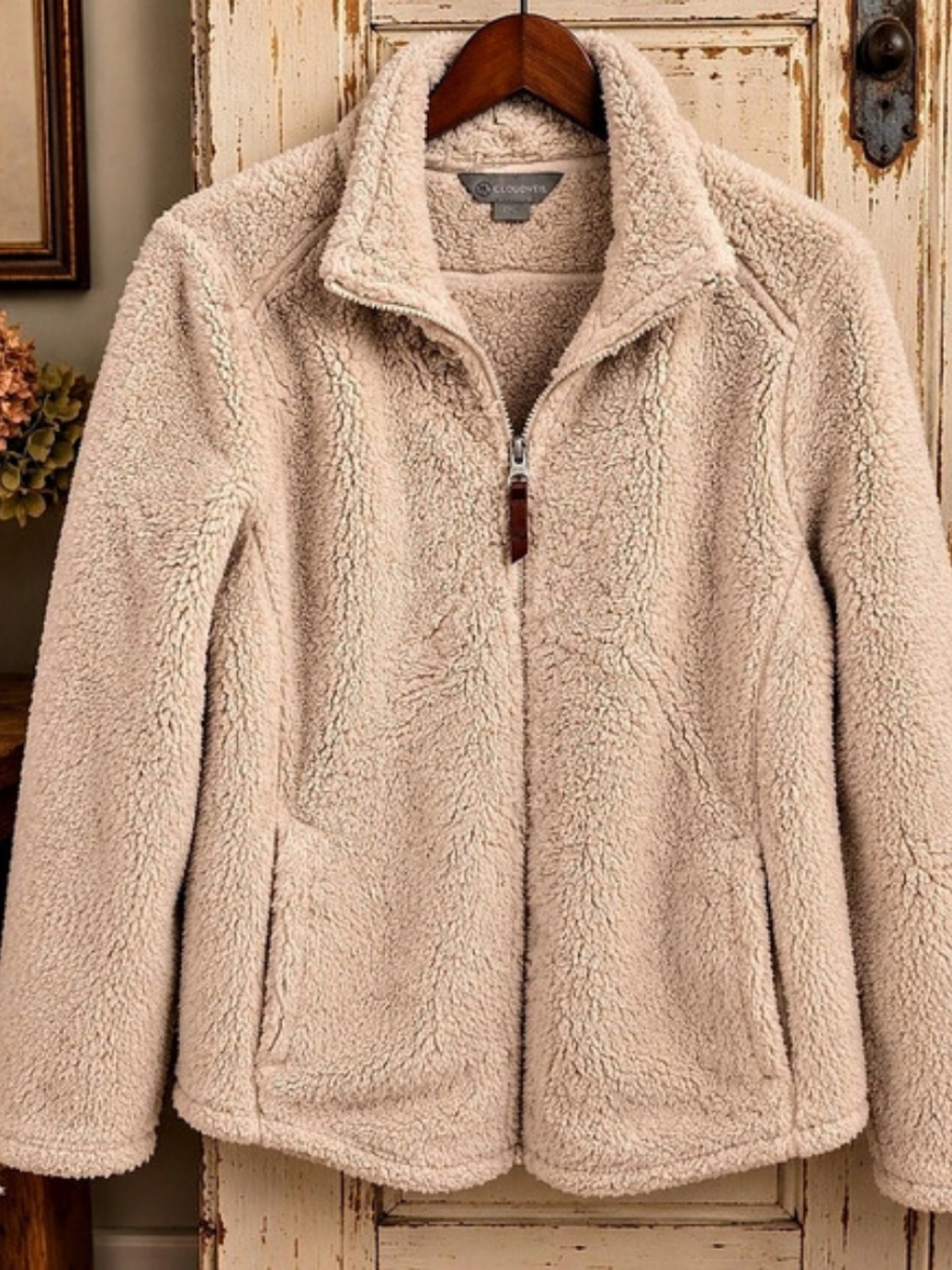 Cloudveil Sherpa Teddy Fleece Zip Jacket Cream L 21” PTP